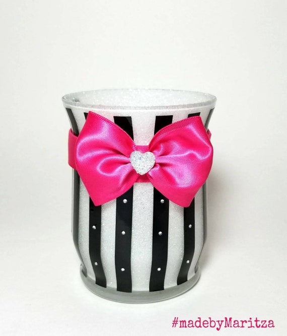 White Glitter Makeup Holder Cup Stripes Hot Pink Red Bow Etsy