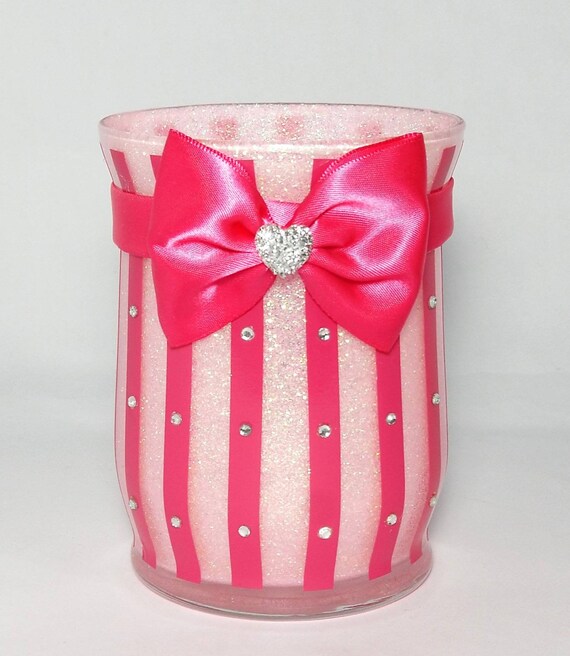 Pink glitter makeup holder cup. Stripes. Bow. Brush. Vanity Etsy