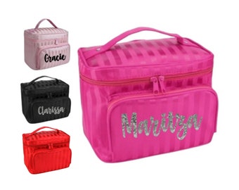 Personalized makeup bag large organizer box zippered travel foldable cosmetic purse toiletries holder stripped silky pink