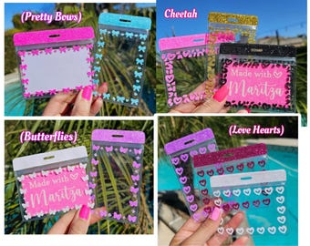 Vertical Horizontal ID Badge Holder cheetah glitter card business amusement top closure park school work pink hearts sparkle