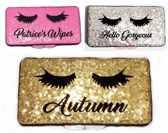 Travel box sparkly sequin makeup holder face mask storage Wipes case pencil glitter gift idea gorgeous lashes glam bling personalized name
