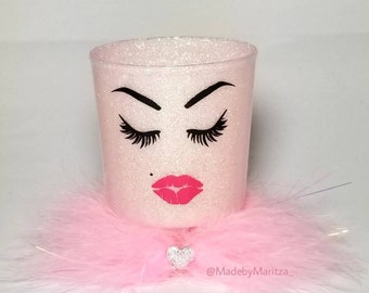 Mini Light pink glitter makeup holder. Brushes. lipstick. Face. lashes & lips. Feather trim. Vanity desk room decor