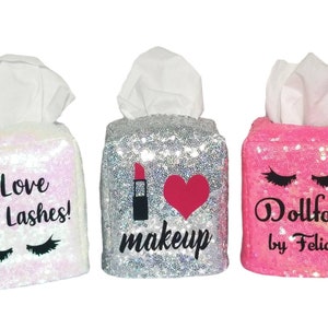 Custom sequin tissue box cover home room desk work salon bling sparkle decor name pink lips sparkly travel glitter tip jar decor