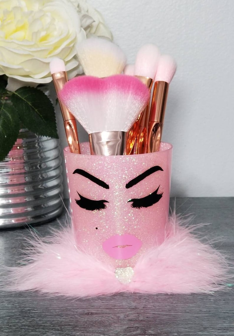 White Pink Glitter Makeup Brush Holder Brushes Lashes & Lips - Etsy