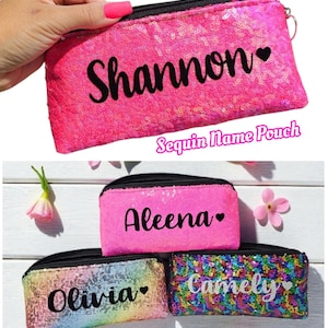 Sparkle pencil case pouch makeup jewelry holder Personalized name heart sequin Travel Pink Glitter girls school gift idea bling heart charm
