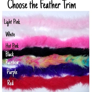 May include: Choose the Feather Trim: Light Pink, White, Hot Pink, Black, Rainbow, Purple, Red.  A variety of feather trims in different colors.