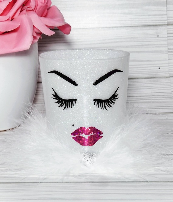 White glitter makeup holder Brushes Lashes & lips Pink lipstick kiss glam face heart sparkle bling Vanity decor feathers ACRYLIC cup