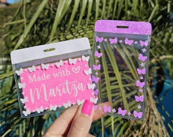 Butterflies Vertical Horizontal ID Badge Holder glitter card business amusement top closure park school work pink hearts sparkle