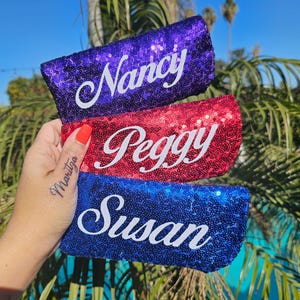 Sparkle sunglasses soft case sequin fabric travel purse accessories storage box bling gift idea glitter personalized name pink
