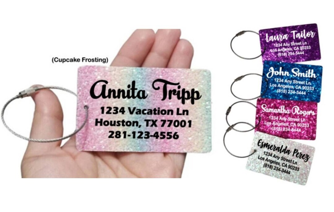 Glitter Luggage Tag Name Plate 3x2 Gloss Sealed Bling Travel Custom
