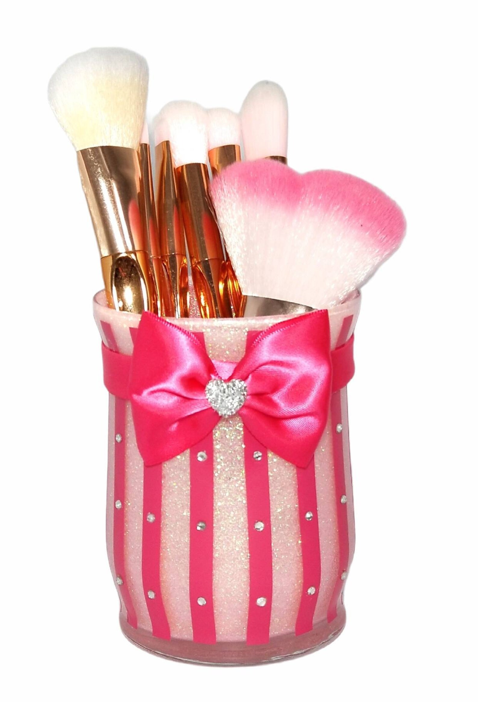 Pink Glitter Makeup Holder Cup. Stripes. Bow. Brush. Vanity Etsy