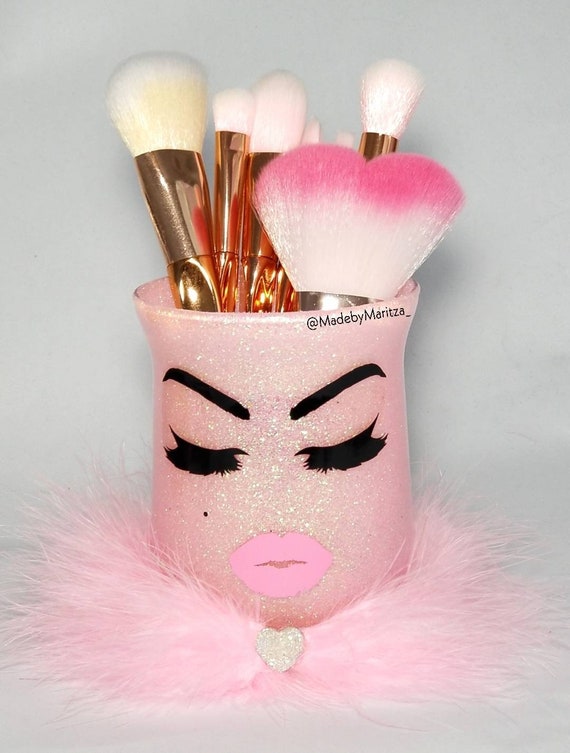 White Pink Glitter Makeup Brush Holder Brushes Lashes & Lips | Etsy