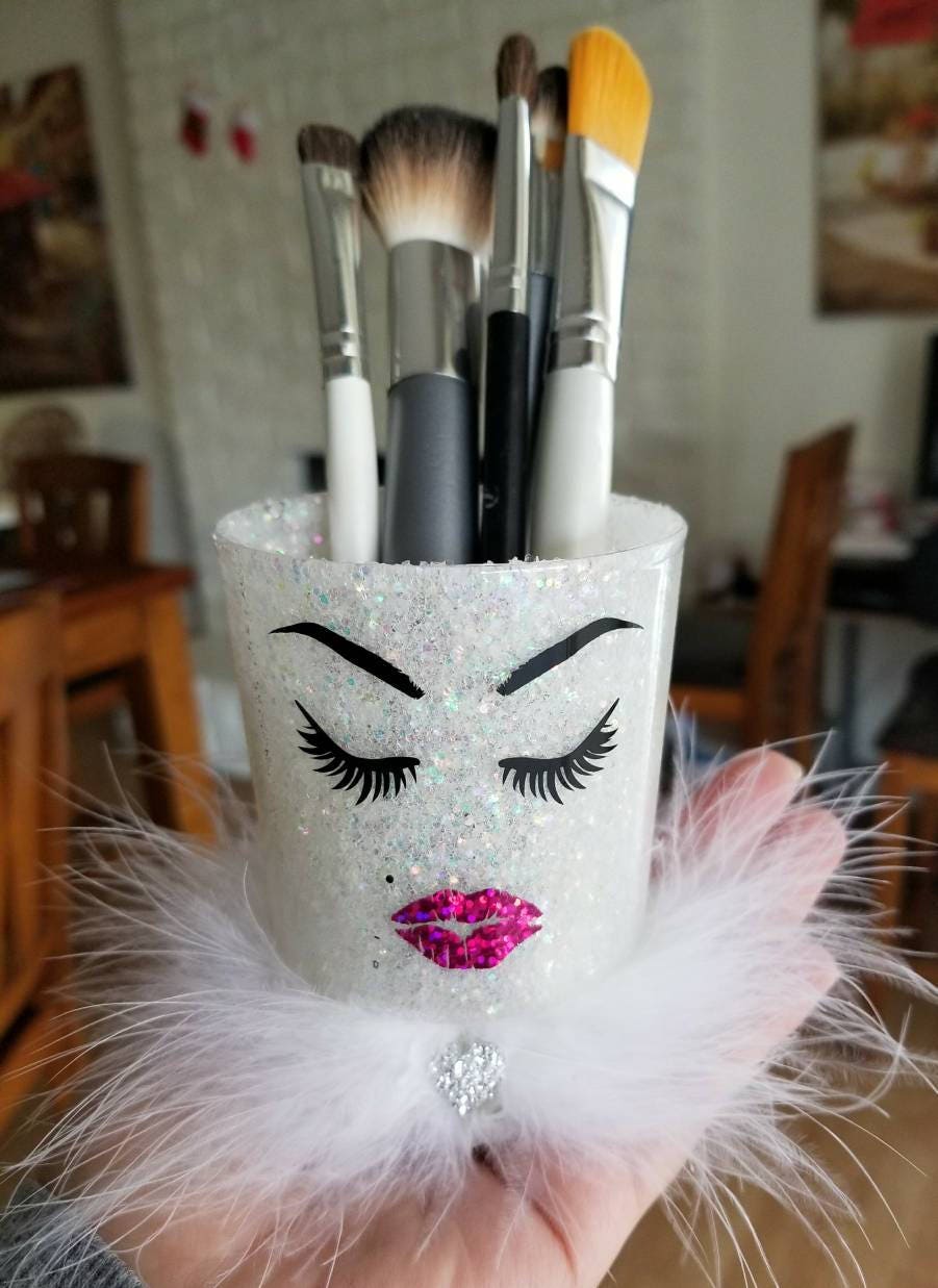Mini White glitter makeup holder. Brushes. Lipstick. Lashes | Etsy
