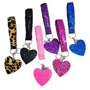 Sparkle wristlet key holder glitter keychain heart sequin bling bracelet girls keyring backpack glam CHOOSE COLOR