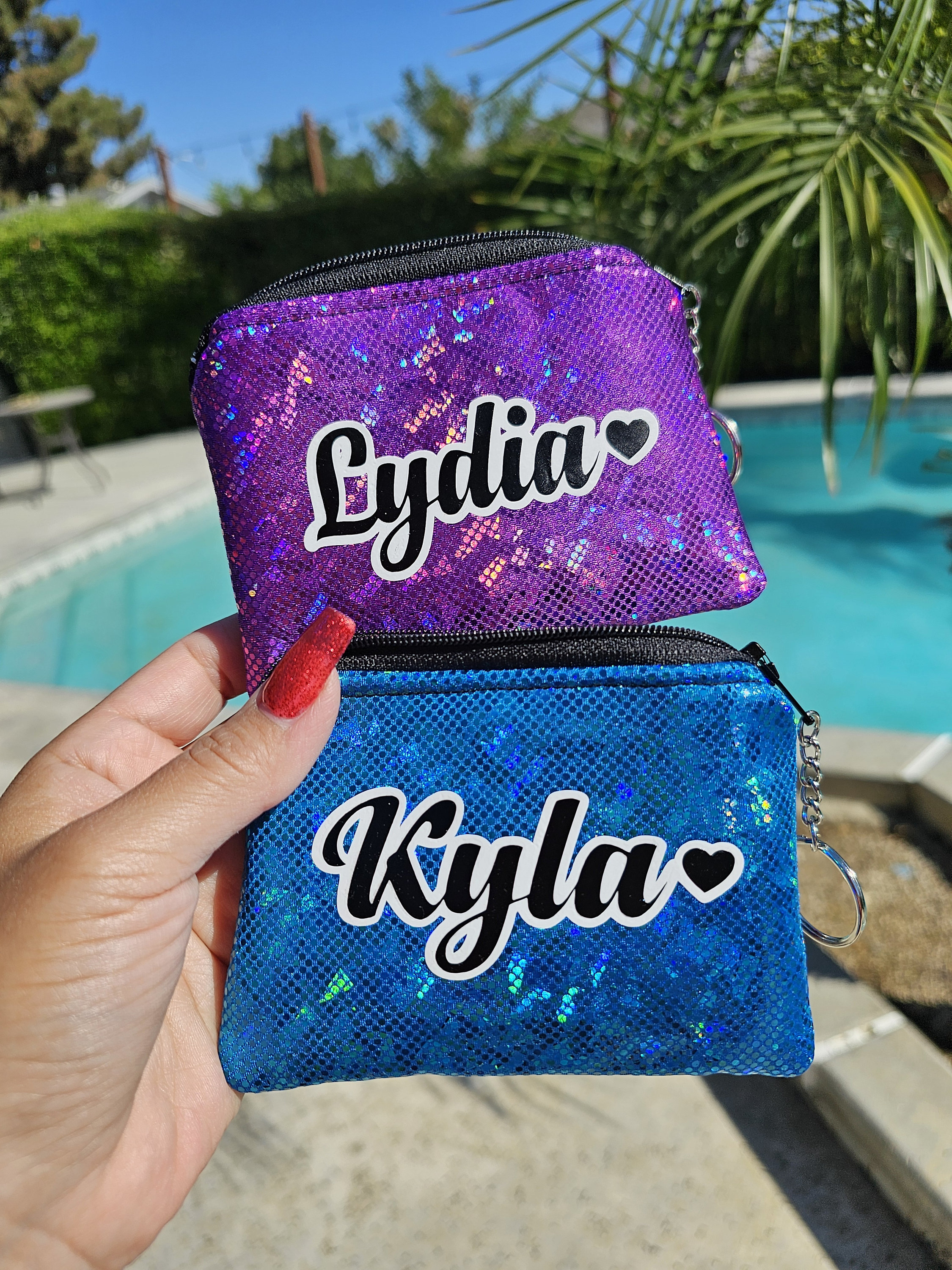 Sparkly Holographic coin purse wallet keychain monogram flat pouch holder change bag custom name peronalized heart air pods case travel