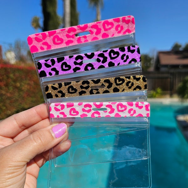 Horizontal ID Badge Holder Cheetah Leopard glitter top card business amusement zip lock closure park school work bling personalized custom