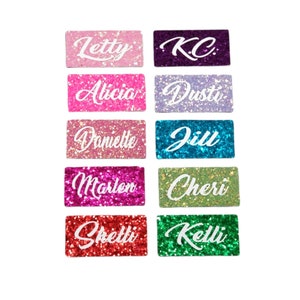 Glitter name tag PIN or MAGNET work badge Gloss sealed sparkle personalized custom bling 1x3 or 1.5x3 gift nurse job