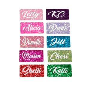 Glitter name tag PIN or MAGNET work badge Gloss sealed sparkle personalized custom bling 1x3 or 1.5x3 gift nurse job