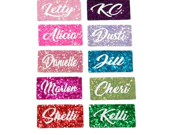 Glitter name tag PIN or MAGNET work badge Gloss sealed sparkle personalized custom bling 1x3 or 1.5x3 gift nurse job