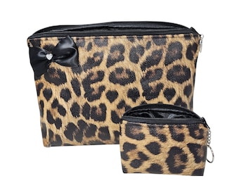 Cheetah leopard makeup bag mini coin purse keychain faux leather bag Gift set leather handbag clutch Travel animal print brush holder