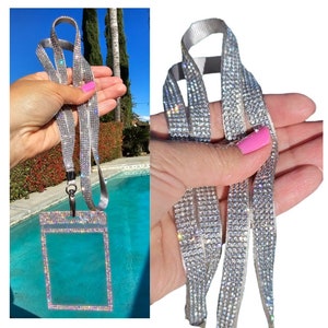 Diamond Lanyard ID badge holder Horizontal Vertical rhinestones transparent zip work school VIP concert event card sparkly Bling crystal