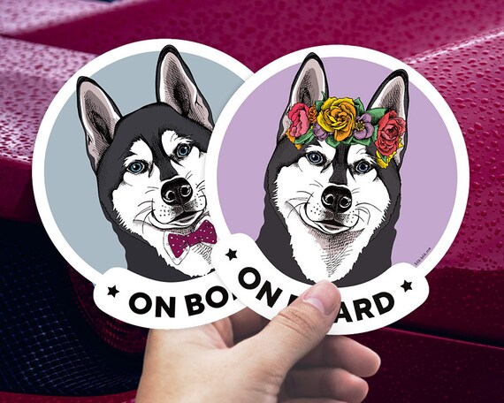 Car Window Sticker V01 Siberian Husky on Board Huskie Sled Dog Sign Decal