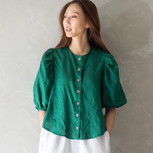 Linen Victorian blouse, Linen Puff Sleeve Shirt, Summer Bell Sleeve Top, Button Down Shirt,  Linen Ruffle Blouse, Cottagecore Blouse RUBY