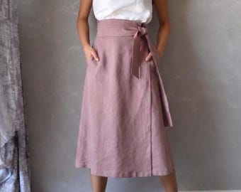 Blush Pink Linen Wrap Midi Skirt, Summer Knee Length Skirt : FAY