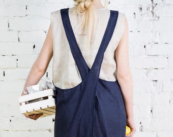 Japanese Apron Dress Pattern, Square Cross Apron, Pinafore Aprons, Natural Linen Apron, Cross Back Pinafore Dress, Handmade Linen