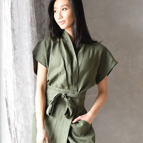 Linen Kimono Dress, Long Linen Dress, Linen Wrap Dress, Linen Japanese Dress DAHLIA, Linen Clothing for Women