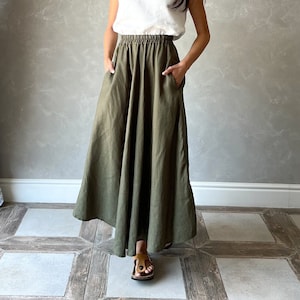 Maxi Linen Skirt, Long Linen Skirt with Pockets, High Waisted Skirt, Elastic Waist Boho Skirt, Plus Size Skirt, Linen Summer Skirt ABIGAIL