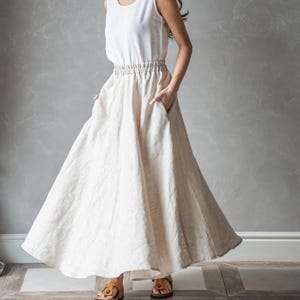 Long Linen Skirt with Elastic Waist, Linen Summer Skirt, High Waisted Skirt, Linen Circle Skirt, Linen Maxi Skirt with Pockets ABIGAIL/CLR