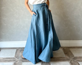 Long Linen Wrap Skirt, Linen Maxi Skirt, Circle Skirt with Pockets, Linen Plus Size Skirt, High Waist Skirt, Linen Full Skirt DOROTHY