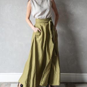 リネンカーキスカート、リネンラップスカート、ロングマキシ
