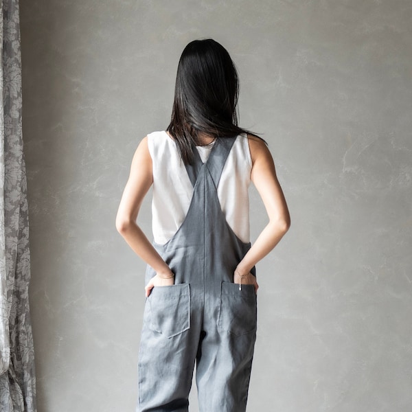 Linen Overalls Women, Linen Jumpsuit Dungaree, Sleeveless Summer Jumpsuit, Gray Boho Jumpsuit JUNE, Plus Size Harem Jumpsuit, Linen Clothes