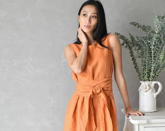 Robe portefeuille en lin, robe orange brûlée, robe d'été en lin, robe en lin de plage, robe en lin sans manches DAPHNE, vêtements en lin romantique pour femmes