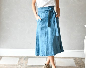 Wrap Linen Skirt, Linen Skirt with Pockets, Plus Size Midi Skirt, Summer High Waist Skirt FAY, Linen Clothing for Women