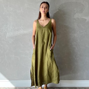 Linen Summer Dress, Sleeveless Spaghetti Strap Dress, Linen Pinafore Dress, Green Linen Beach Dress, Linen Slip Dress AGNES