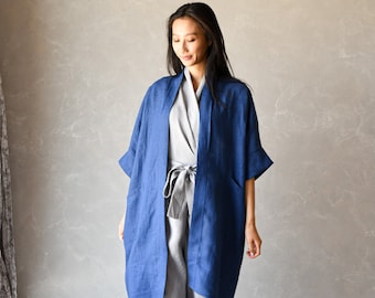 Blue Linen Summer Coat, Linen Cape Coat, Long Linen Jacket, Beach Linen Cover ODETTE, Sustainable Linen Clothing, Linen Duster