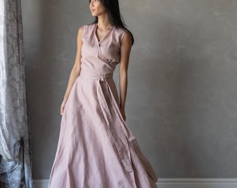 Blush Pink Sleeveless Linen Dress, Maxi Wrap Around Flax Long Kaftan