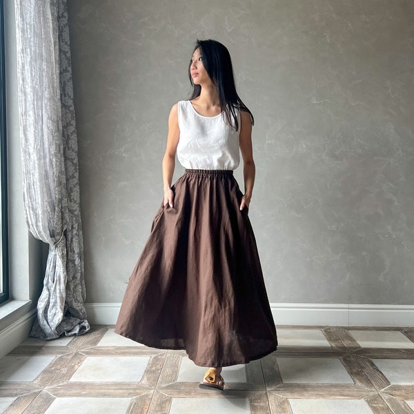 Maxi Linen Skirt, Linen Full Skirt, Long Linen Skirt with Pockets, Linen Boho Skirt with Elastic Waist, Plus Size Bohemian Skirt ABIGAIL