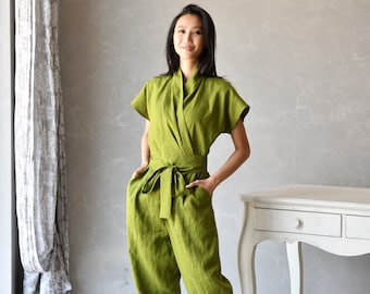 Linen Overalls Women, Wrap Linen Jumpsuit, Plus Size Harem Jumpsuit ELOISE, Linen Japanese Clothing