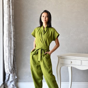 Linen Overalls Women, Wrap Linen Jumpsuit, Plus Size Harem Jumpsuit ELOISE, Linen Japanese Clothing