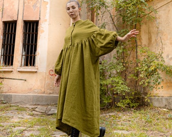 Long Sleeve Linen Dress FAIRY / Linen Kaftan Maxi Dress / Linen Maternity Breastfeeding Dress