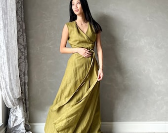 Robe en lin verte avec ceinture et poches, Robe portefeuille en lin, Robe longue sans manches, Robe longue en lin DONNA, Robe portefeuille, Vêtements en lin