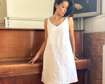 White Linen Slip Dress, Summer Linen Dress, Sleeveless Linen Dress, Spaghetti Strap Dress, Beach Linen Dress AGNES