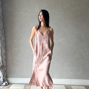 Vestido lencero de lino, vestido pichi de lino, vestido de lino de verano, vestido de tirantes finos, vestido camisola de lino ZOE, ropa de lino bohemia