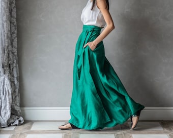Jupe portefeuille en lin, jupe longue grande taille, jupe d'été en lin, jupe en lin verte, jupe bohème DOROTHY, jupe nouée à la taille avec poches