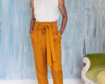 Linen Paper Bag Pants ALEXA  / High Waisted Linen Trousers / Tapered Linen Pants