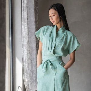 Linen Japanese Dress, Linen Wrap Dress, Summer Linen Dress DAHLIA, Linen Japanese Clothing image 7